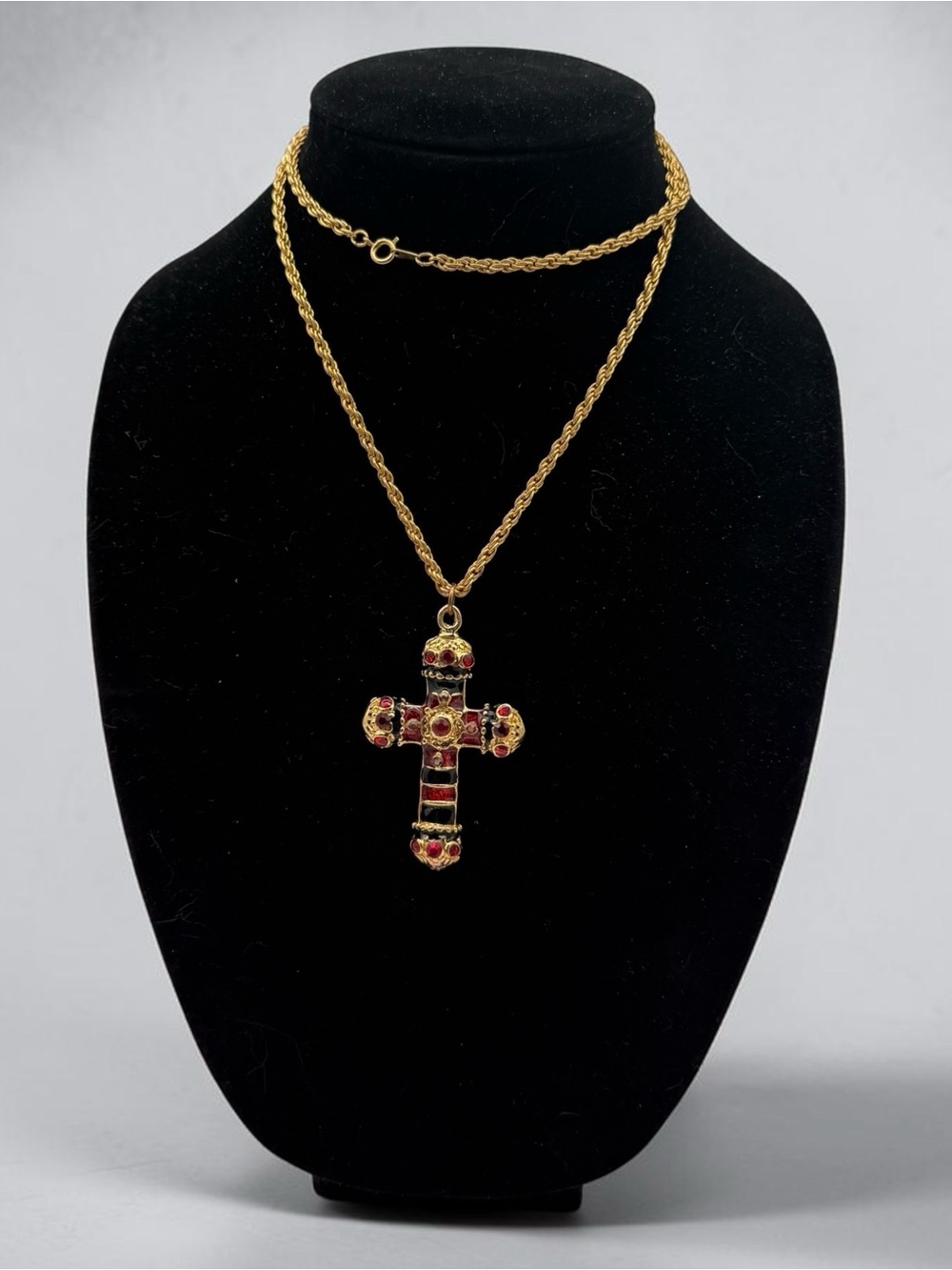Vintage Gold-Tone Cross Pendant Necklace w/ Enamel and Rhinestones